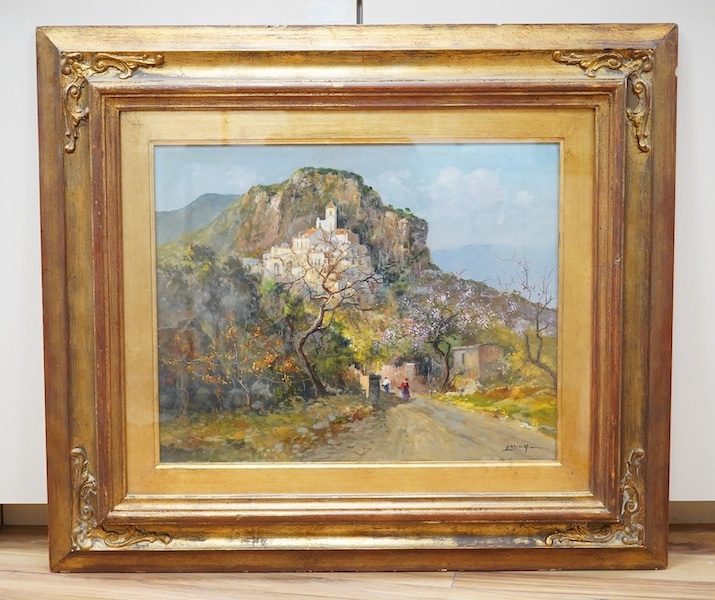 Vincenzo Laricchia (Italian, b.1940), oil on canvas, Neapolitan landscape with villas, signed, 39 x 49cm, ornately gilt framed. Condition - good